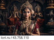 A beautiful Indian girl in a traditional Indian national costume, sari. Against the background of elephants. The portrait symbolizes the traditions, culture and beauty of the people of India. Стоковое AI-изображение, AI-художник Photojuli / Фотобанк Лори