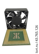 Современный микропроцессор и вентилятор на белом фоне. Modern CPU and fan on white background. Стоковое фото, фотограф Татьяна Д / Фотобанк Лори