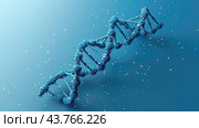 Detailed double helix DNA strand, depicting the molecular structure and genetic makeup, suitable for biology, genetics, and medical research concepts, blue background. Стоковое AI-изображение, AI-художник Ирина Михайличенко / Фотобанк Лори