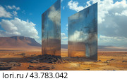 Surreal Mirrored Monoliths Standing Alone in Barren Desert Under Dramatic Sky. Стоковое AI-изображение, AI-художник Сергей Толмачёв / Фотобанк Лори