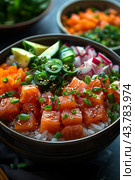 Freshly Prepared Salmon Poke Bowl With Colorful Toppings Served In A Rustic Bowl. Стоковое AI-изображение, AI-художник Сергей Толмачёв / Фотобанк Лори