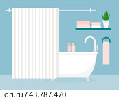 Bathroom with bathtub curtained with curtain, shelves and hygiene items. Стоковая иллюстрация, иллюстратор Klimiankova Tatsiana / Фотобанк Лори