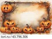Autumn poster made of pumpkins and Halloween attributes with copy space. Стоковое AI-изображение, AI-художник Мария Мороз / Фотобанк Лори