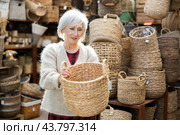 Female designer choosing decorative handmade wickerwork for interior in store. Стоковое фото, фотограф Яков Филимонов / Фотобанк Лори
