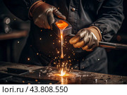 Work at the factory. Working professions. Men's hands in protective gloves with metal. There are sparks around. Hard work that requires high concentration and professionalism. Стоковое AI-изображение, AI-художник Photojuli / Фотобанк Лори