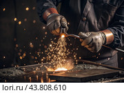 Work at the factory. Working professions. Men's hands in protective gloves with metal. There are sparks around. Hard work that requires high concentration and professionalism. Стоковое AI-изображение, AI-художник Photojuli / Фотобанк Лори