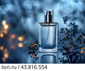 A transparent plastic pump bottle for cosmetics on a dark blue background next to lavender flowers. Стоковое AI-изображение, AI-художник Ярославский Максим / Фотобанк Лори