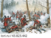 A battle scene in a winter forest, probably from the Napoleonic Wars. Soldiers in red uniforms and black hats fight among the snow-covered trees. Some of them fire their muskets, others fall, are wounded or killed. In the foreground, several soldiers are seen helping their wounded comrades. Cartridges and other ammunition are scattered around. Smoke from gunfire hangs in the air, creating a chaotic and tense atmosphere of battle. In the background, rows of soldiers are seen charging with bayonets on their muskets. The painting conveys the dynamics and drama of the battle, as well as the harsh conditions of winter warfare. Стоковое AI-изображение, AI-художник Анна Кривицкая / Фотобанк Лори