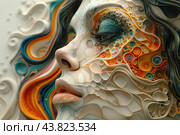 A close-up portrait of a woman made using the quilling technique, where paper strips are used to create three-dimensional and detailed elements. The woman's face is decorated with many multi-colored curls and spirals that smoothly flow into each other, creating a surprisingly complex and harmonious pattern. The woman's eyes are especially highlighted, surrounded by details reminiscent of precious stones and crystals. The hair is also made in the form of multi-colored waves and curls, giving the image dynamics and liveliness. The overall appearance of the image combines elements of realism and abstraction, creating a unique and fascinating work of art. Стоковое AI-изображение, AI-художник Анна Кривицкая / Фотобанк Лори