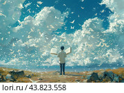 A boy standing in an open field, holding a large open book. The boy has his back to the viewer, his figure dwarfed by the majestic sky, covered with many white clouds. Hundreds of white birds fly out of the book he holds, filling the entire sky and creating a sense of magic and wonder. The field around the boy is arid, with sparse bushes and rocks. The atmosphere of the image combines elements of fantasy and reality, emphasizing the theme of inspiration and the power of imagination. Стоковое AI-изображение, AI-художник Анна Кривицкая / Фотобанк Лори