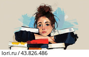 Girl with books on her shoulders as epaulets. Deep in her thought. Back to school story. Стоковое AI-изображение, AI-художник Катерина Ковалева / Фотобанк Лори