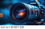 A camera lens captures a stunning picture of a beautiful galaxy, showcasing the universes wonders. Стоковое AI-изображение, AI-художник Юрий Поздников / Фотобанк Лори