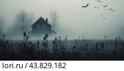 Eerie Misty Landscape With Silhouetted Manor and Flocking Birds at Dusk. Стоковое AI-изображение, AI-художник Юлия Гапеенко / Фотобанк Лори