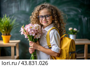 A sweet, beautiful first-grader girl with glasses. In the hands of a bouquet of flowers. The child goes to school for the first time. A child with a backpack, a book and flowers. Back to school. Стоковое AI-изображение, AI-художник Photojuli / Фотобанк Лори