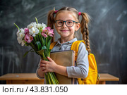 A sweet, beautiful first-grader girl with glasses. In the hands of a bouquet of flowers. The child goes to school for the first time. A child with a backpack, a book and flowers. Back to school. Стоковое AI-изображение, AI-художник Photojuli / Фотобанк Лори