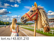 Hobbyhorsing. A new kind of sport. A stick with a horse's head to simulate a horse race. A girl at a horse racing stadium. Стоковое AI-изображение, AI-художник Photojuli / Фотобанк Лори