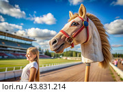 Hobbyhorsing. A new kind of sport. A stick with a horse's head to simulate a horse race. A girl at a horse racing stadium. Стоковое AI-изображение, AI-художник Photojuli / Фотобанк Лори
