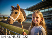 Hobbyhorsing. A new kind of sport. A stick with a horse's head to simulate a horse race. A girl at a horse racing stadium. Стоковое AI-изображение, AI-художник Photojuli / Фотобанк Лори