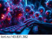 Опасное заражение. Компьютерные вирусы и загрязнение клавиатуры. Информационная и личная гигиена. Стоковое AI-изображение, AI-художник Щеголева Ольга / Фотобанк Лори