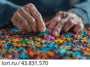Parkinson disease patient, Alzheimer elderly senior, Arthritis person's hand in support of nursing family caregiver care for disability awareness day, Стоковое AI-изображение, AI-художник Ирина Ручушкина / Фотобанк Лори