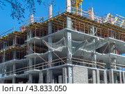 einforced concrete bearing supports of the frame of a high - rise building under construction. Engineering technologies for the construction of multi-storey buildings. Стоковое фото, фотограф Эдуард Белкин / Фотобанк Лори