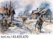 Wartime scene. Soldiers dressed in winter military uniforms walk through a snowy village. Wooden houses, partially destroyed and burning, smoke in the background. The road is covered with snow and mud, abandoned objects and barricades are visible around. Snow, cold and destruction create an atmosphere of a hard and harsh time of war. The artistic style of watercolor gives the painting softness and historicality. Стоковое AI-изображение, AI-художник Анна Кривицкая / Фотобанк Лори