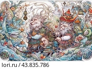 Three fairy-tale creatures, similar to gnomes or trolls, walking in a row. They have long gray beards and colorful clothes with intricate patterns. One of them carries a large staff, and the other a smoking pipe. Around them are intricate patterns of vegetation, flowers and leaves, as well as fantastic elements such as a smiling dragon head and birds in cages. The painting is done in the style of fantastical folklore, with many details creating a sense of magic and adventure. Стоковое AI-изображение, AI-художник Анна Кривицкая / Фотобанк Лори