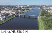 Bird's eye view of Volga and waterfront of Tver. Savior Transfiguration Cathedral seen from above. Стоковое видео, видеограф Яков Филимонов / Фотобанк Лори