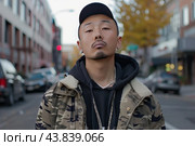 Confident urban man posing on city street. Стоковое AI-изображение, AI-художник Иван Рябоконь / Фотобанк Лори