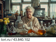 Senior chemist in vintage laboratory. Стоковое AI-изображение, AI-художник Иван Рябоконь / Фотобанк Лори