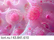 Pink virus particles invading cells. Стоковое AI-изображение, AI-художник Иван Рябоконь / Фотобанк Лори