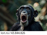 Astonished chimpanzee with open mouth in natural habitat. Стоковое AI-изображение, AI-художник Иван Рябоконь / Фотобанк Лори
