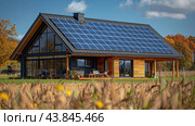 Solar battery on the roof of house near Electrical towers. PV plants generate your own electricity plug play. Power photovoltaic plant. Solar Panel energy system. Стоковое AI-изображение, AI-художник Ирина Михайличенко / Фотобанк Лори