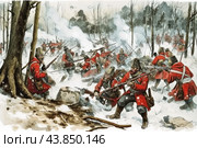 A battle scene in a winter forest. Soldiers in red uniforms, armed with muskets and bayonets, are engaged in an intense firefight. The fighters are in various positions: some are lying on the ground, some are hiding behind trees, and some are aiming a musket. The forest area is covered with snow, creating difficult conditions for the battle. Smoke from gunfire is visible in the distance, adding to the sense of chaos and tension. The scene is filled with movement and drama, conveying the tension of the battle. Стоковое AI-изображение, AI-художник Анна Кривицкая / Фотобанк Лори