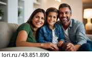 Smiling family of three sitting on a couch, capturing a moment of togetherness and happiness at home. Стоковое AI-изображение, AI-художник Tatiana Syrtseva / Фотобанк Лори