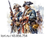 Three soldiers in historical military uniform. All three are dressed in blue uniforms with yellow and red details, as well as tricorn hats. Each of the soldiers holds an old rifle in his hands. The picture is done in a watercolor style, creating the feeling of a historical painting. The faces of the soldiers are stern and serious, showing their determination and fighting spirit. Another soldier is visible in the background, which adds depth and dynamics to the image. Стоковое AI-изображение, AI-художник Анна Кривицкая / Фотобанк Лори