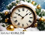 The clock is counting down the last moment of the outgoing old year. There is little time left until the New Year. Is everything ready to celebrate the New Year? Стоковое AI-изображение, AI-художник Сергей Елизарьев / Фотобанк Лори