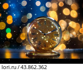 The clock is counting down the last moment of the outgoing old year. There is little time left until the New Year. Is everything ready to celebrate the New Year? Стоковое AI-изображение, AI-художник Сергей Елизарьев / Фотобанк Лори