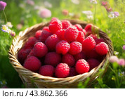 Свежая малина в корзине. Плоды используют в пищу и для приготовления варенья, желе, соков. В народной медицине плоды и листья применяют при простуде, гриппе, как жаропонижающее и потогонное средство. Стоковое AI-изображение, AI-художник Сергей Елизарьев / Фотобанк Лори