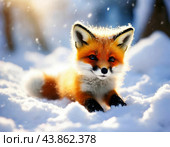 Fluffy fox cub in the snow. In the culture of almost all peoples of the world, the fox is presented as a cunning animal, and is one of the irreplaceable characters of the animal epic, occupying a prominent place in it. Стоковое AI-изображение, AI-художник Сергей Елизарьев / Фотобанк Лори