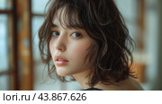Young Woman With Wavy Hair Gazes Thoughtfully Out a Window in Soft Morning Light. Стоковое AI-изображение, AI-художник Сергей Толмачёв / Фотобанк Лори