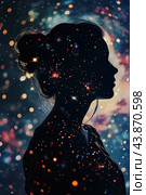 Double exposure silhouette of girl and universe, concept subconscious, awareness. Стоковое AI-изображение, AI-художник Наталья Симакова / Фотобанк Лори