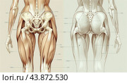 Human muscular system showing muscles, tendons and bones of the lower back and legs. Стоковое AI-изображение, AI-художник Юрий Поздников / Фотобанк Лори