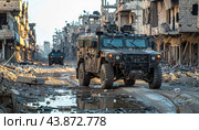 Military vehicle patrolling destroyed city street after battle. Стоковое AI-изображение, AI-художник Юрий Поздников / Фотобанк Лори