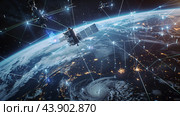 Advanced Satellite Orbiting Earth Monitoring Weather Patterns and Data Transmission in Space. Стоковое AI-изображение, AI-художник Сергей Толмачёв / Фотобанк Лори