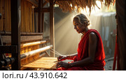 Traditional Indian weaver crafting on handloom in village settingries. Стоковое AI-изображение, AI-художник Анна Маркина / Фотобанк Лори