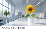 A vibrant sunflower brightening a modern office workspace during the daytime. Стоковое AI-изображение, AI-художник Сергей Толмачёв / Фотобанк Лори