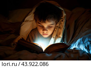 Мальчик не спит, тайком читает ночью интересную книгу под одеялом с фонариком. Стоковое AI-изображение, AI-художник Щеголева Ольга / Фотобанк Лори