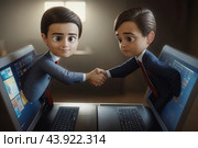 Little men in business suits greet leaning out of laptops. Стоковое AI-изображение, AI-художник RamA / Фотобанк Лори