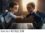 Two little men greet each other, leaning out of laptops. Стоковое AI-изображение, AI-художник RamA / Фотобанк Лори